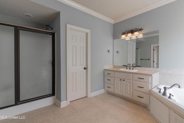 bathroom with tile patterned flooring, crown molding, separate shower and tub, and vanity