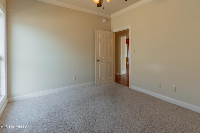 spare room with crown molding, ceiling fan, and carpet floors