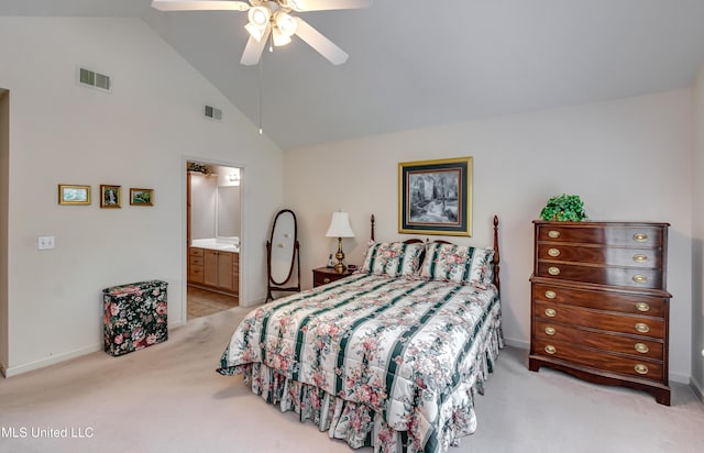 804 Charmant Pl, Ridgeland, MS 39157 - bedroom featuring light carpet, high vaulted ceiling, ceiling fan, and ensuite bathroom