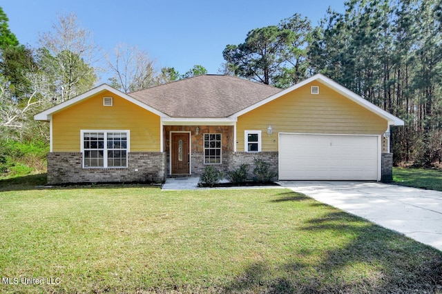 view of front of house with a front lawn, driveway, roof with shingles, a garage, and brick siding