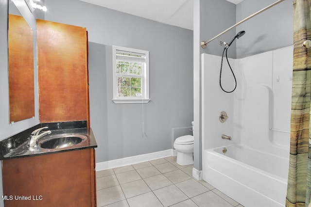 full bath with tile patterned flooring, baseboards, toilet, shower / bath combination with curtain, and vanity