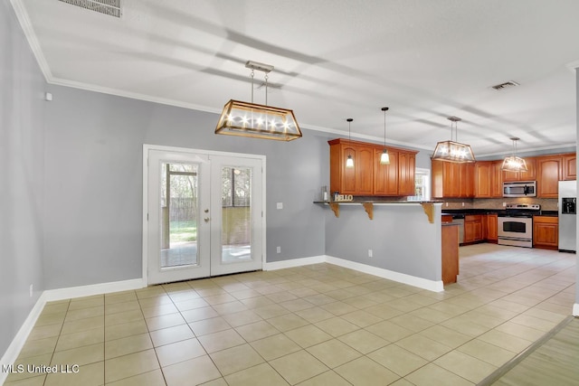 kitchen featuring visible vents, ornamental molding, a peninsula, french doors, and stainless steel appliances