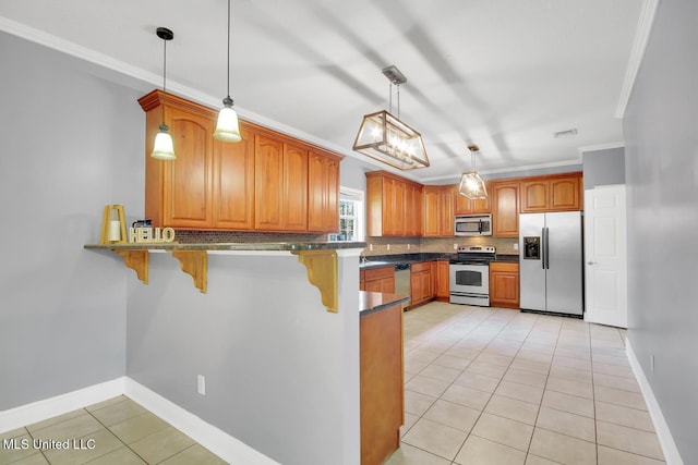 kitchen with brown cabinets, backsplash, stainless steel appliances, light tile patterned flooring, and crown molding