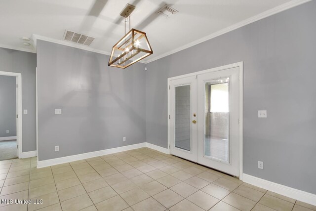 empty room featuring visible vents, ornamental molding, french doors, light tile patterned floors, and baseboards