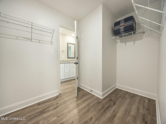walk in closet with wood finished floors
