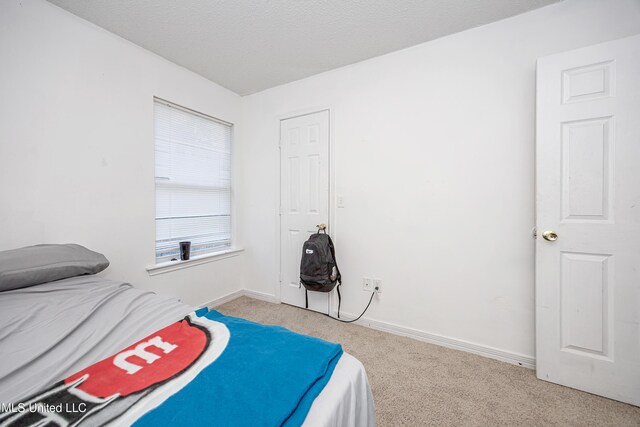 bedroom with light colored carpet