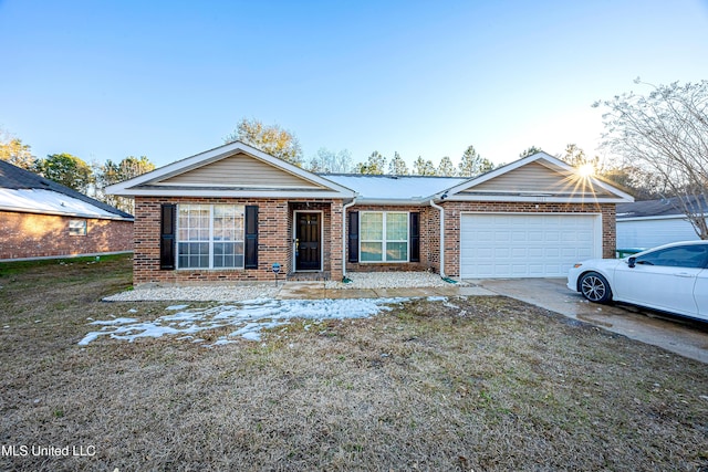 ranch-style home with a garage and a front lawn