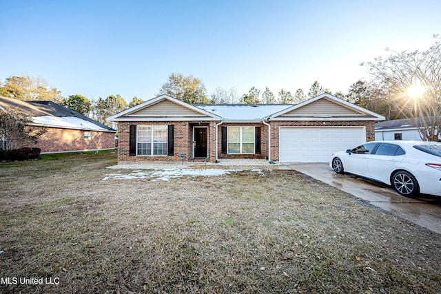 single story home with a garage and a front yard