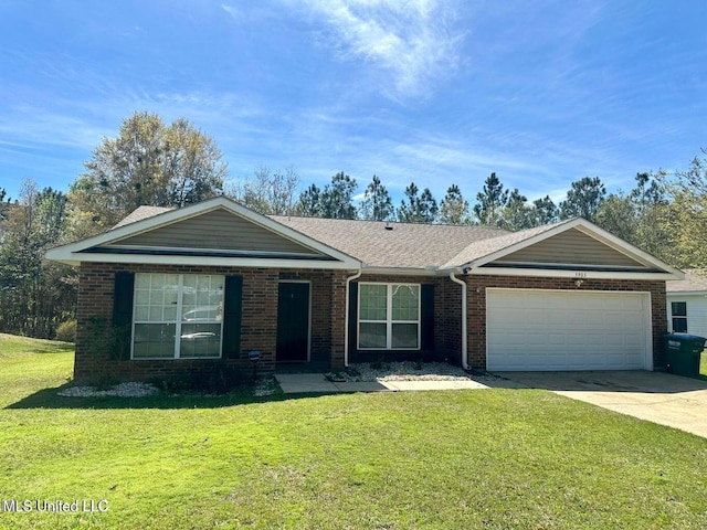 single story home featuring a garage and a front lawn