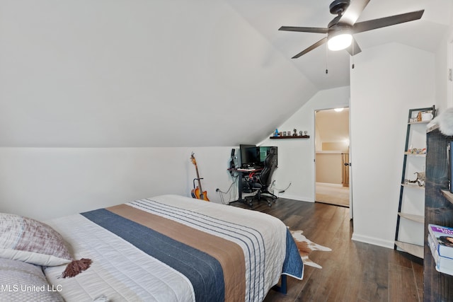 bedroom with lofted ceiling, wood finished floors, ceiling fan, and baseboards