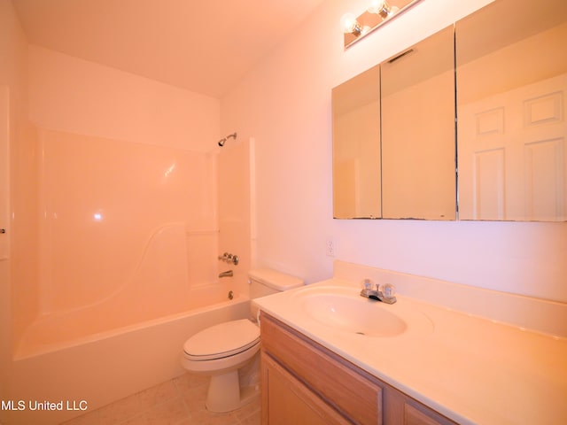 full bath featuring tub / shower combination, vanity, toilet, and tile patterned floors