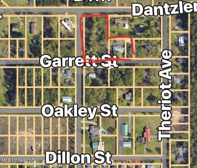 14920 Garrett St, Ocean Springs, MS 39565 - aerial overview of property's location featuring property boundaries highlighted