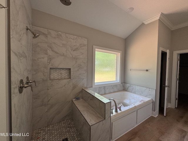 213 Walter Jones Rd, Mendenhall, MS 39114 - bathroom with a tile shower, crown molding, a garden tub, and lofted ceiling