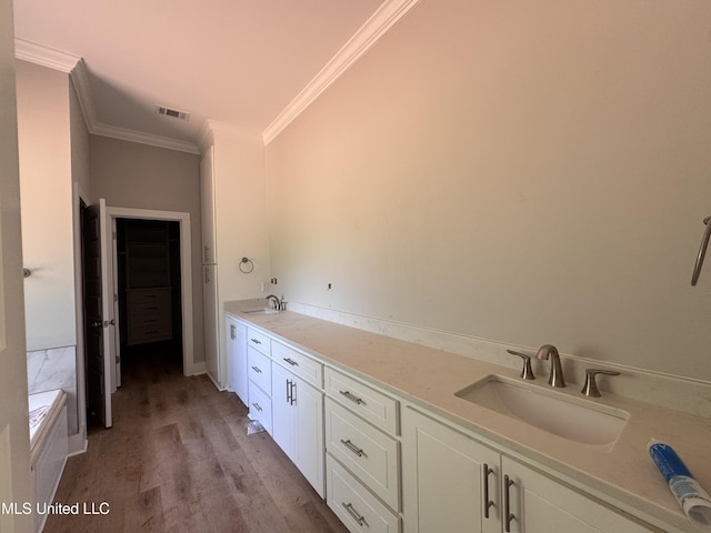 213 Walter Jones Rd, Mendenhall, MS 39114 - bathroom with a sink, ornamental molding, and wood finished floors