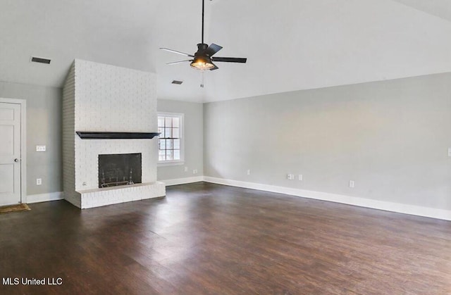 unfurnished living room with visible vents, baseboards, lofted ceiling, a fireplace, and a ceiling fan