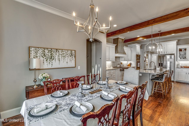 dining room featuring beam ceiling, dark hardwood / wood-style floors, and sink