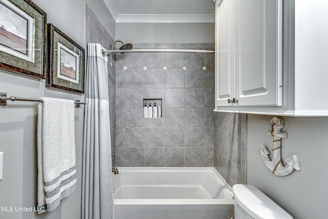 bathroom featuring toilet, ornamental molding, and shower / bath combination with curtain