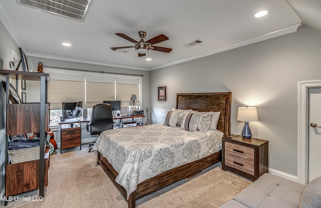 bedroom featuring ceiling fan, light colored carpet, and ornamental molding