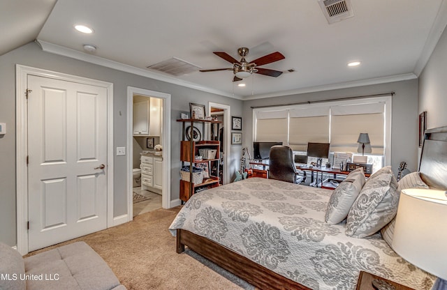 carpeted bedroom featuring ceiling fan, connected bathroom, crown molding, and vaulted ceiling