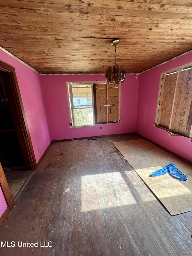 204 Deaton St, Batesville, MS 38606 - unfurnished dining area featuring an inviting chandelier, wood ceiling, lofted ceiling, and dark hardwood / wood-style floors