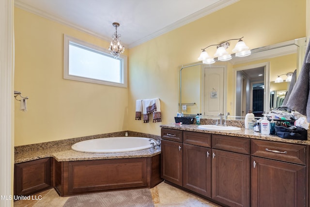 4788 Bon Jour Ln, Nesbit, MS 38651 - bathroom featuring crown molding, vanity, a garden tub, a chandelier, and tile patterned floors