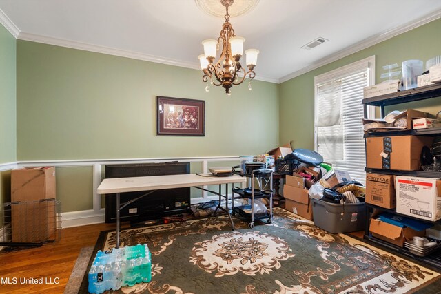 4788 Bon Jour Ln, Nesbit, MS 38651 - office featuring wood finished floors, crown molding, a chandelier, and wainscoting
