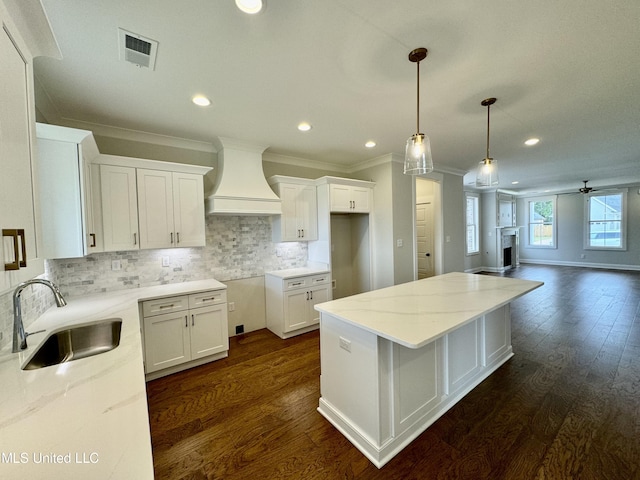 kitchen featuring sink, white cabinets, custom range hood, and dark hardwood / wood-style flooring