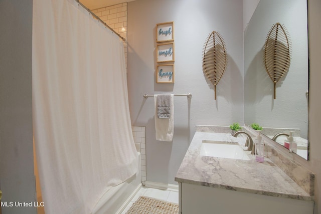 bathroom featuring vanity, tile patterned floors, and shower / tub combo with curtain