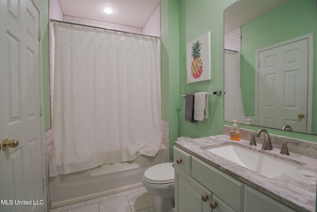 full bathroom with vanity, tile patterned flooring, shower / bath combination with curtain, and toilet