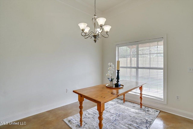 office featuring a chandelier and concrete floors