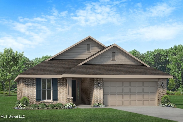 view of front of home with driveway, brick siding, an attached garage, and a front yard