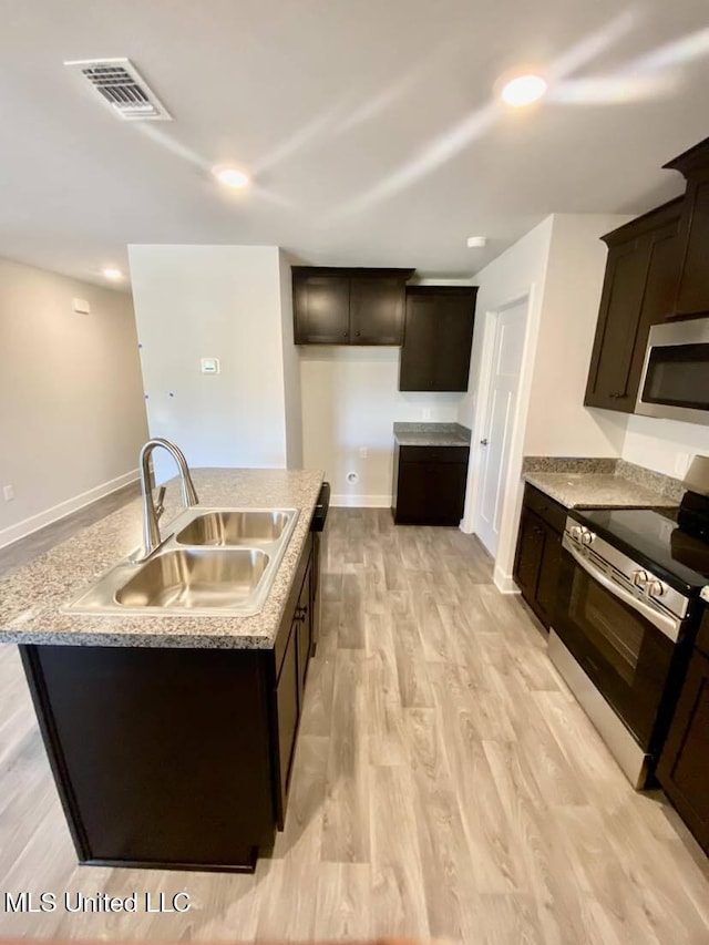 kitchen featuring visible vents, dark brown cabinets, stainless steel appliances, and a sink