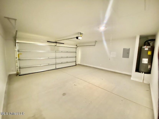 garage featuring electric panel, a garage door opener, and water heater