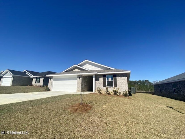 ranch-style home featuring a front yard, central AC unit, driveway, a garage, and brick siding