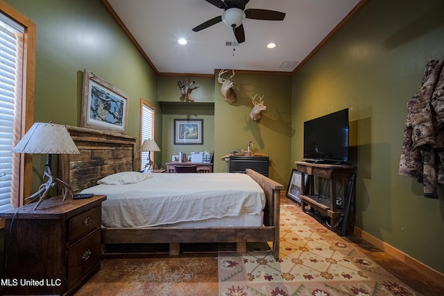 bedroom with ornamental molding, a ceiling fan, visible vents, recessed lighting, and baseboards