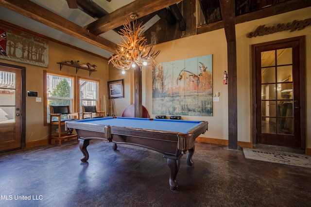 game room with baseboards, concrete flooring, pool table, and beam ceiling