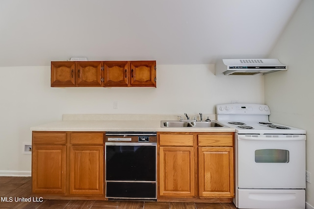 kitchen with white electric stove, dishwasher, sink, and range hood