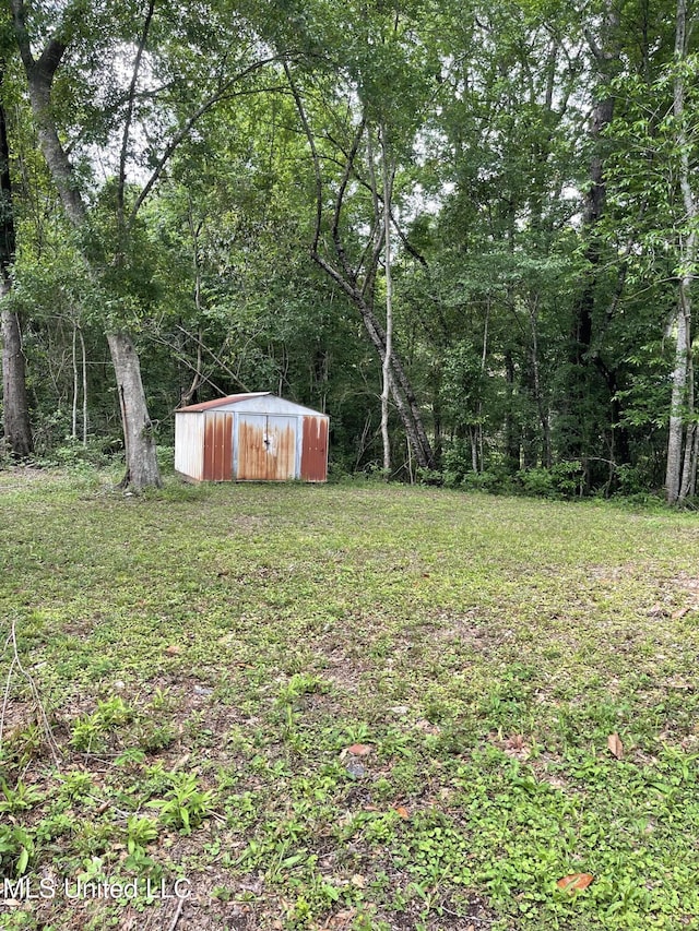 view of yard featuring a view of trees, an outdoor structure, and a storage unit