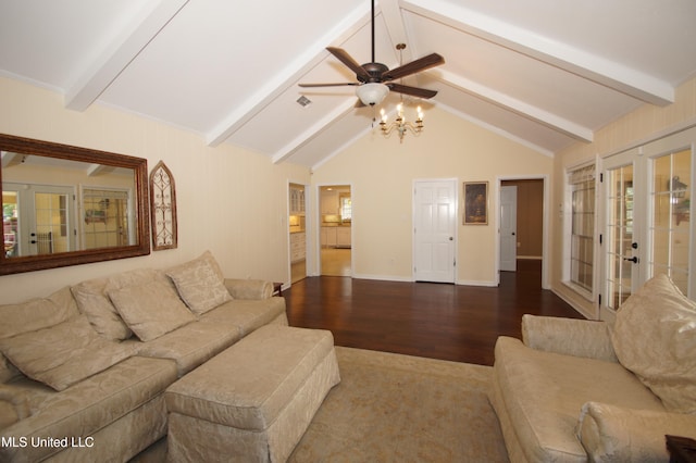 living room featuring french doors, lofted ceiling with beams, hardwood / wood-style flooring, and ceiling fan