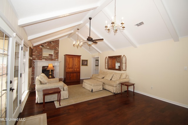 living room featuring lofted ceiling with beams, ceiling fan with notable chandelier, and dark hardwood / wood-style floors