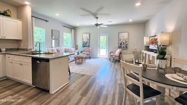 kitchen with stainless steel dishwasher, a sink, open floor plan, white cabinets, and dark wood-type flooring