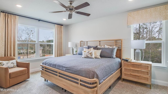 carpeted bedroom featuring recessed lighting, baseboards, and ceiling fan