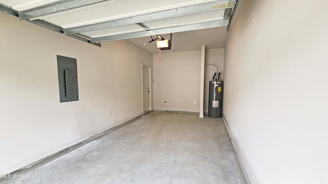 garage featuring electric water heater, electric panel, a garage door opener, and baseboards
