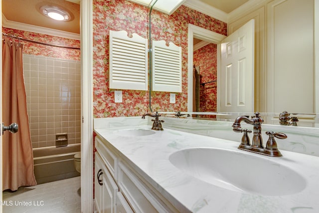 full bathroom with tile patterned floors, toilet, shower / tub combo with curtain, vanity, and ornamental molding