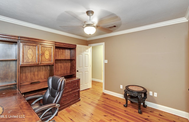 office with ceiling fan, light hardwood / wood-style floors, and ornamental molding