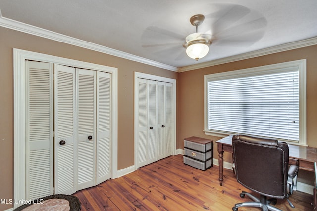 office featuring crown molding, hardwood / wood-style floors, and ceiling fan