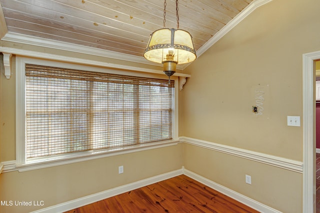 unfurnished room with hardwood / wood-style floors, wood ceiling, and ornamental molding