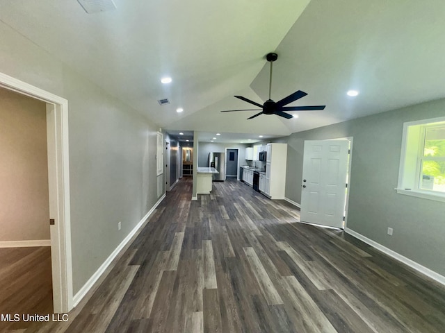 106 Edd Monk St, Mendenhall, MS 39114 - unfurnished living room with lofted ceiling, dark wood-style floors, a ceiling fan, and recessed lighting