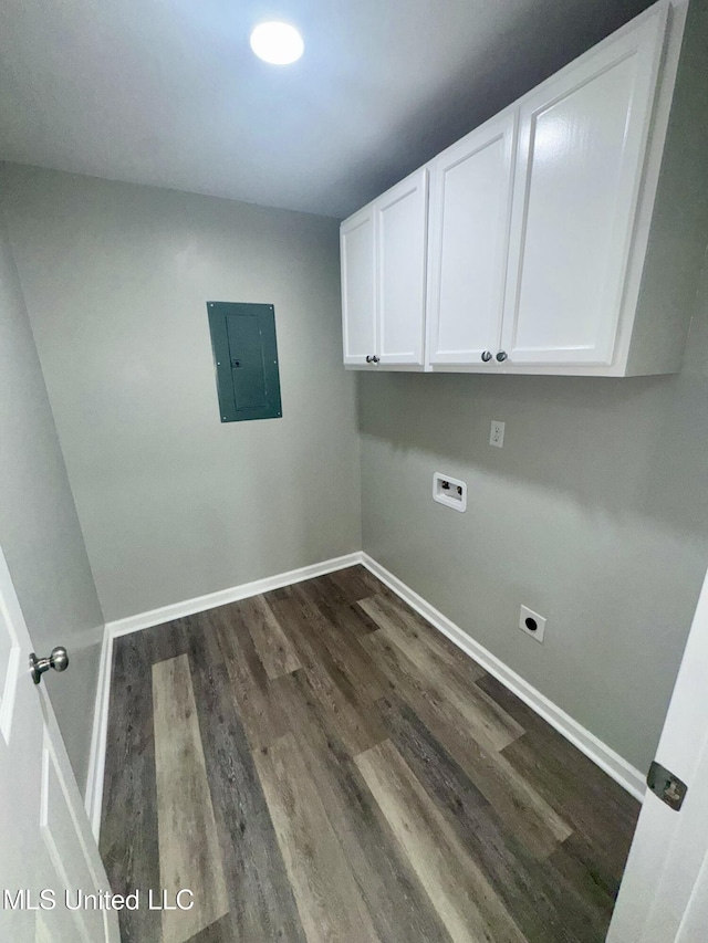 106 Edd Monk St, Mendenhall, MS 39114 - laundry area featuring electric panel, dark wood finished floors, cabinet space, hookup for a washing machine, and electric dryer hookup