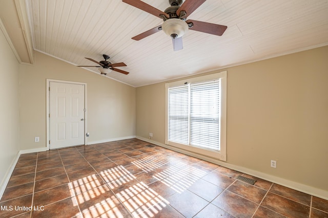 tiled empty room featuring crown molding, ceiling fan, lofted ceiling, and wood ceiling